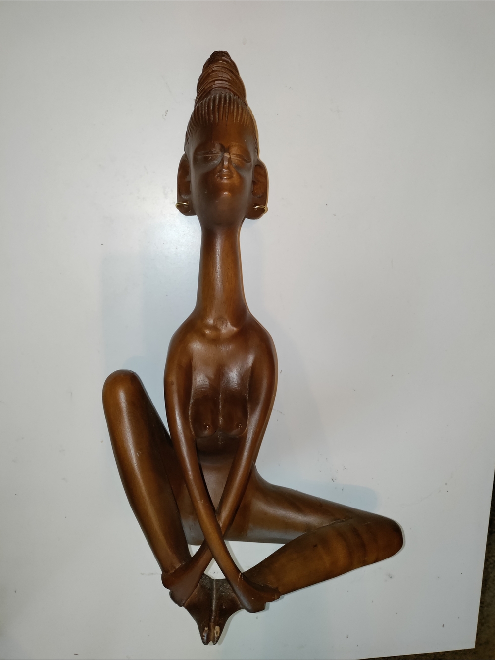Handcrafted Brown Wood Seated Female Sculpture